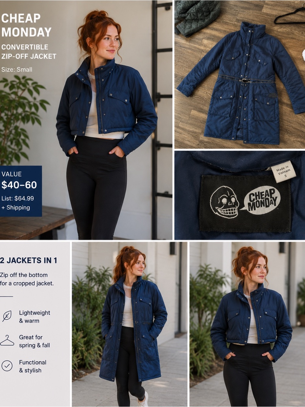 Cheap Monday Navy Convertible Zip-Off Trench Jacket